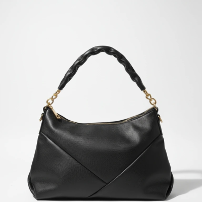 کیف زنانه مشکی مدل «نویا» – طراحی هندسی لوکس با بند پیچ‌دار و زیپ طلایی