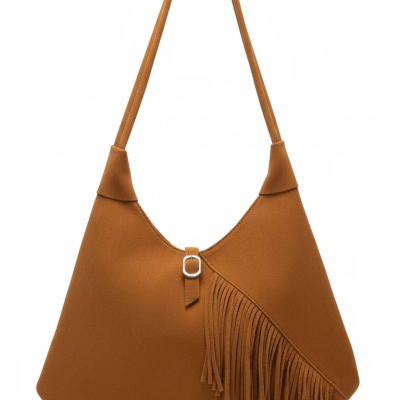 کیف شانه‌ای زنانه جیر کاراملی – مدل ریشه‌دار